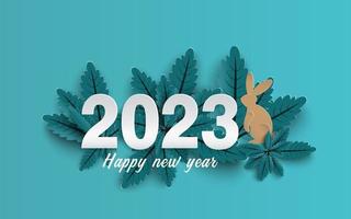 feliz año nuevo 2023. corte de papel de números y conejo en un grupo de fondo de hojas azules. vector