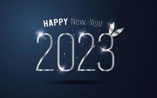 Happy New Year 2023. metal number and ribbon on blue gradient background. vector