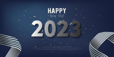 feliz año nuevo 2023. número de metal y cinta sobre fondo degradado azul. vector