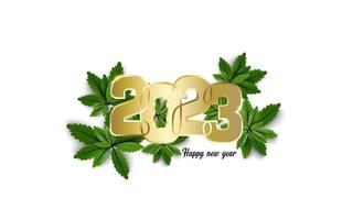 Happy New Year 2023. Design gold metal number on group of green leaves on white background. vector