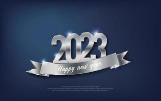 Happy New Year 2023. metal number and ribbon on blue gradient background. vector