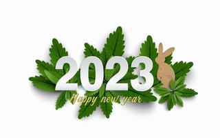 feliz año nuevo 2023. corte de papel de números y conejo en un grupo de fondo de hojas verdes. vector