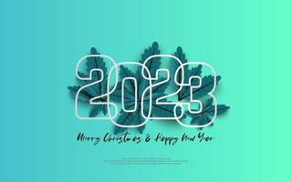 Happy New Year 2023 and merry christmas day. Design number outline on group of blue leaves on blue gradient background.