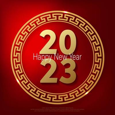 Happy Chinese new year 2023. metal number text with circle frame on red gradient background.