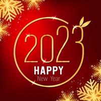 feliz año nuevo 2023. número de oro, texto con marco circular sobre fondo degradado rojo. decorado con un icono de copos de nieve dorados. vector