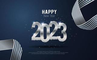 Happy New Year 2023. metal number and ribbon on blue gradient background. vector