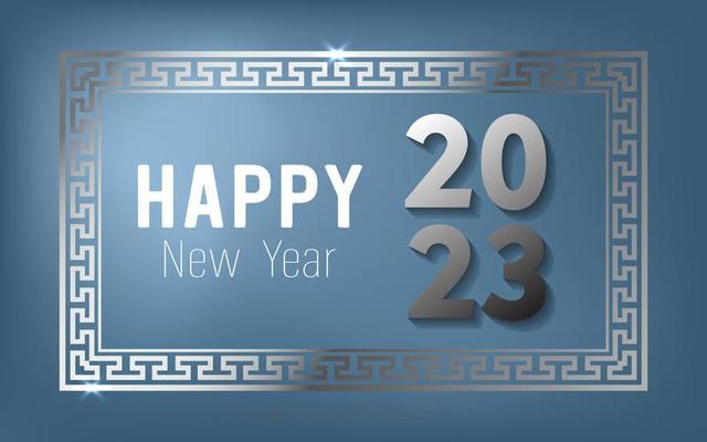 Happy Chinese new year 2023. metal number text with square frame on blue gradient background
