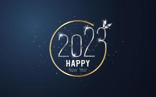 Happy New Year 2023. metal number and ribbon on blue gradient background. vector