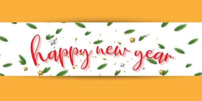 Happy New Year 2023. design banner red text and green leaf pattern, star metal on white background. vector