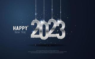 Happy New Year 2023. Hanging metal number and strew ribbon on blue gradient background. vector