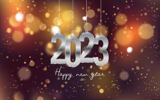 Happy New Year 2023. Hanging metal number on an out of focus colorful bokeh background. vector