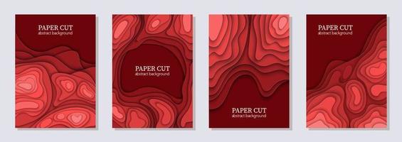 Vertical vector set of 4 red flyers with paper cut waves shapes. 3D abstract paper art, design layout for business presentations, flyers, posters, prints, decoration, cards, brochure cover.