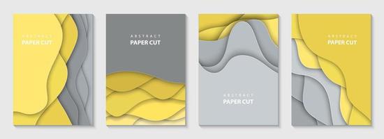 Vector vertical flyers with grey and yellow paper cut waves shapes. 3D abstract paper style, design layout for business presentations, posters, prints, decoration, cards, brochure cover, banners.