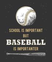 Vector engraved style illustration for posters, decoration and print. Hand drawn sketch of baseball ball and bat with funny sport typography on dark background. Detailed vintage etching style drawing.