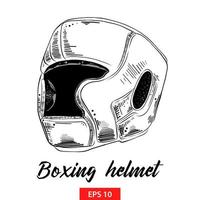 Vector engraved style illustration for posters, decoration and print. Hand drawn sketch of boxing helmet in black isolated on white background. Detailed vintage etching style drawing.