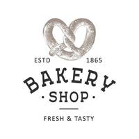 Vintage style bakery shop simple label, badge, emblem, logo template. Graphic food art with engraved pretzel design vector element with typography. Hand drawn organic bagel on white background.