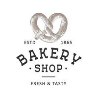 Vintage style bakery shop simple label, badge, emblem, logo template. Graphic food art with engraved pretzel design vector element with typography. Hand drawn organic bagel on white background.