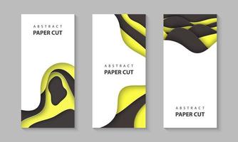 volantes verticales vectoriales con formas de corte de papel de color negro amarillo. Estilo de papel abstracto 3d, diseño de diseño para presentaciones de negocios, volantes, carteles, impresiones, decoración, tarjetas, portada de folletos, pancartas. vector