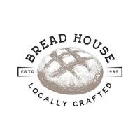 Vintage style bakery shop label, badge, emblem, logo. Monochrome vector graphic art with engraved design element of bread. Hand drawn graphic on white background.