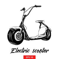 Vector engraved style illustration for posters, decoration and print. Hand drawn sketch of electric scooter in black isolated on white background. Detailed vintage etching style drawing.