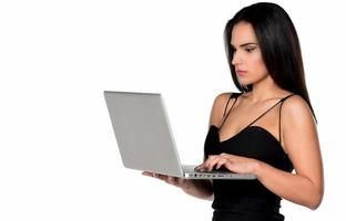 beautiful smiling woman holding laptop computer photo