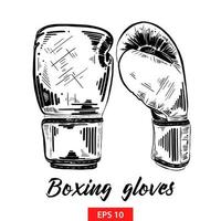 Vector engraved style illustration for posters, decoration and print. Hand drawn sketch of boxing gloves in black isolated on white background. Detailed vintage etching style drawing.