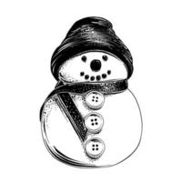 Vector engraved style illustration for posters, decoration and print. Hand drawn sketch of Christmas snowman in black isolated on white background. Detailed vintage etching style drawing.