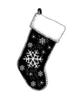 Vector engraved style illustration for posters, decoration and print. Hand drawn sketch of Christmas sock in black isolated on white background. Detailed vintage etching style drawing.