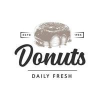 Vintage style bakery shop simple label, badge, emblem, logo template. Graphic food art with engraved doughnut design vector element with typography. Drawn organic donut on white background.