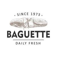 Vintage style bakery shop label, badge, emblem, logo. Monochrome graphic art with engraved design baguette element. Collection of hand drawn vector graphic on white background.