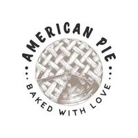 Vintage style bakery shop label, badge, emblem, logo. Vector illustration. Graphic art with engraved design element of American pie. Linear graphic isolated on white background.