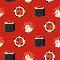 Seamless pattern with various kawaii sushi on red background. vector