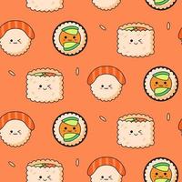 patrón impecable con varios sushi kawaii sobre fondo naranja. vector