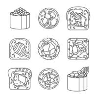 Various sushi line art doodle set isolated on a white background. vector