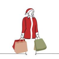 woman dressed as santa claus with full packages - one line drawing vector. concept of shopping on new years eve and christmas vector