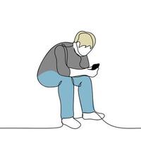 man sits with a phone in his hand and swipes - one line drawing vector