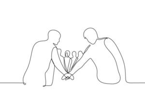 grupo de personas unidas, ritual de equipo - vector de dibujo de una línea. formación de equipos de concepto