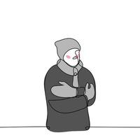 man hugging himself warming himself he is warmly dressed in a hat, scarf, mittens and an inflated jacket - one line drawing vector. concept cold winter, permafrost vector