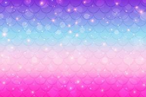 Mermaid rainbow background with scale and stars. Iridescent glitter fish tail pattern. Kawaii vector texture.