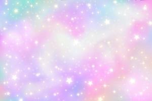 Rainbow unicorn background. Pastel gradient color sky with glitter stars. Magic pink galaxy space. Vector fairy abstract pattern.