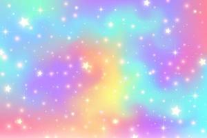 Rainbow unicorn background. Pastel gradient color sky with glitter stars. Magic pink galaxy space. Vector fairy abstract pattern.