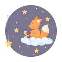 un pequeño zorro lindo y serio con una caña de pescar en una nube atrapa las estrellas vector