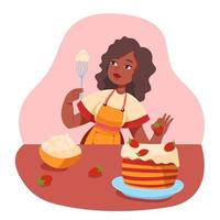 joven hermosa mujer africana en un delantal amarillo cocinando un pastel con fresas y crema vector