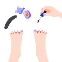 Vector top view of the process of painting toenails with the image of varnish and nail file