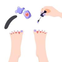 Vector top view of the process of painting toenails with the image of varnish and nail file