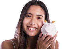 Asian woman saving money in piggy bank photo