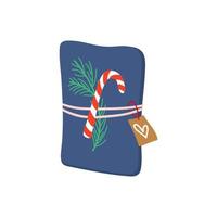 Gift box packaged with blue paper, string, candy cane, pine and label. Winter holiday present. Flat style single vector illustration.