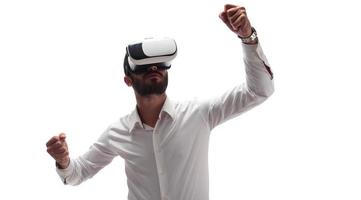 Man experiencing virtual reality wearing virtual reality glasses photo