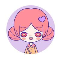 retrato chibi de moda de una linda chica emocionada con moños de pelo rosa vector