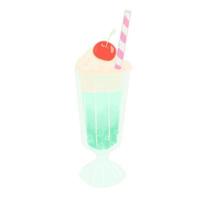 Hand-drawn cute isolated clip art illustration of green cream soda with cherry and striped straw. Classical soft drink in a high glass. Vector illustration EPS 10